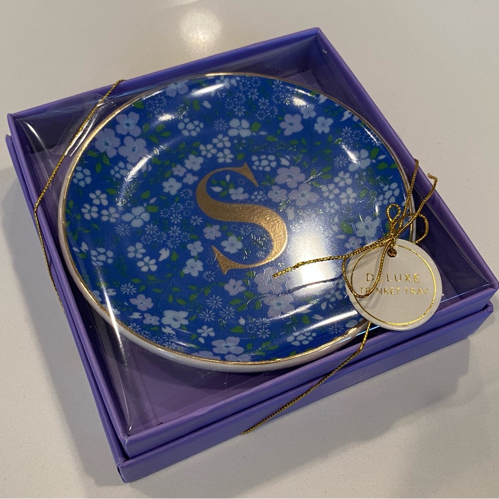 Floral Blue Trinket Tray with Gold Letter